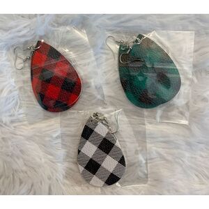 NIP Set of 3 Faux Leather Plaid Teardrop Dangling Lightweight Earrings